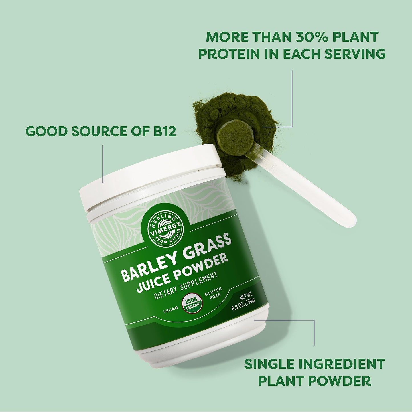 Vimergy Barley Grass Juice Powder – 0.8g per Serving, 312 Servings | Organic, Vegan, Gluten-Free, 250g Regular Size