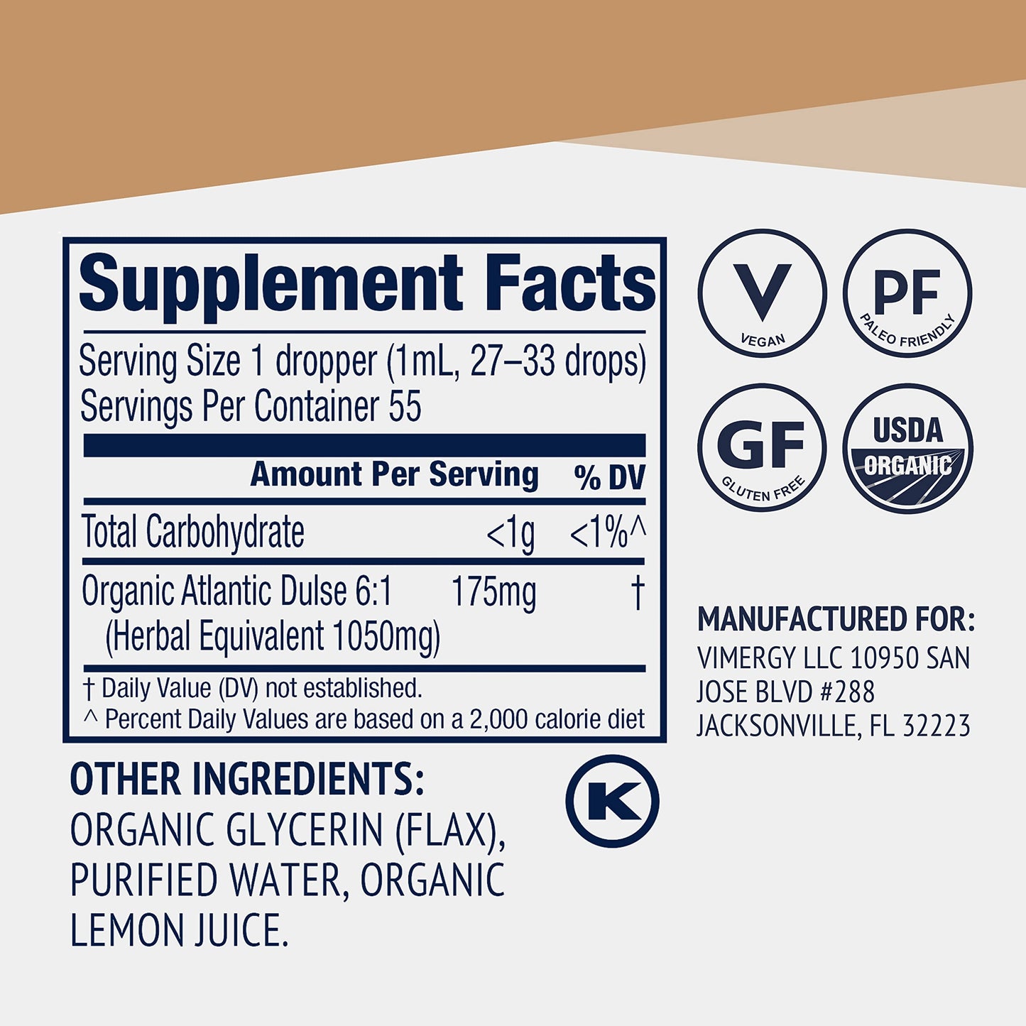 Vimergy USDA Organic Atlantic Dulse Liquid – Antioxidant Support, Vegan & Gluten-Free – 55 Servings (55 mL)