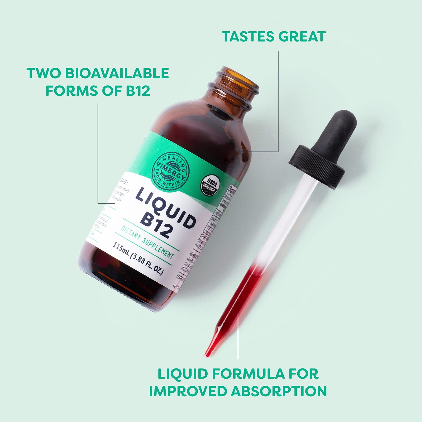 Vimergy Organic Liquid B12 2500 mcg – Vegan Methylcobalamin & Adenosylcobalamin, 115 Servings