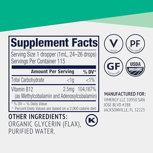 Vimergy Organic Liquid B12 2500 mcg – Vegan Methylcobalamin & Adenosylcobalamin, 115 Servings