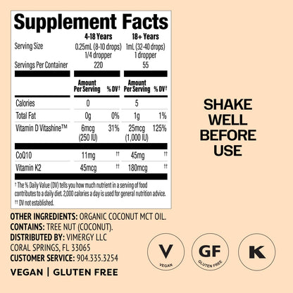 Vimergy Brain Body Recharge – D3, K2 & CoQ10 for Cellular Energy | Vegan, Gluten-Free, 55 mL