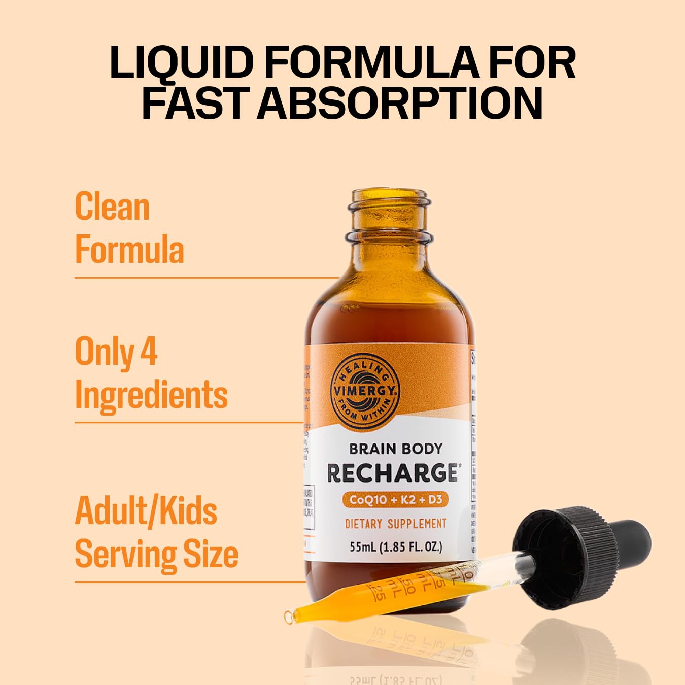 Vimergy Brain Body Recharge – D3, K2 & CoQ10 for Cellular Energy | Vegan, Gluten-Free, 55 mL