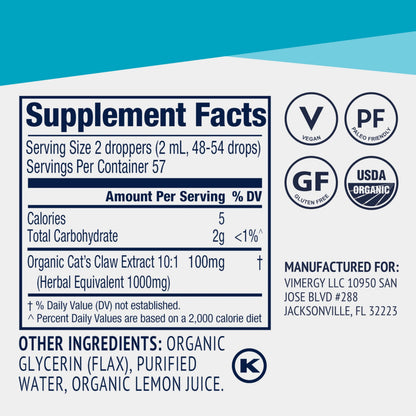 Vimergy USDA Organic Cat’s Claw Liquid – Immune Support & Antioxidants (115 mL, 57 Servings) – Vegan, Non-GMO