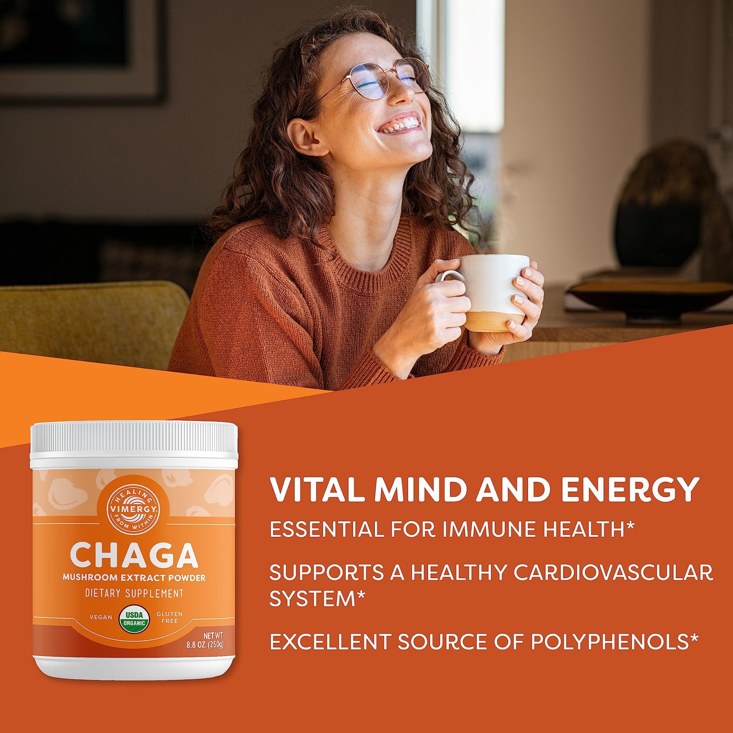 Vimergy USDA Organic Wild Chaga Mushroom Powder, 250g (166 Servings) — Cardiovascular Support, Kosher, Vegan, No Gluten