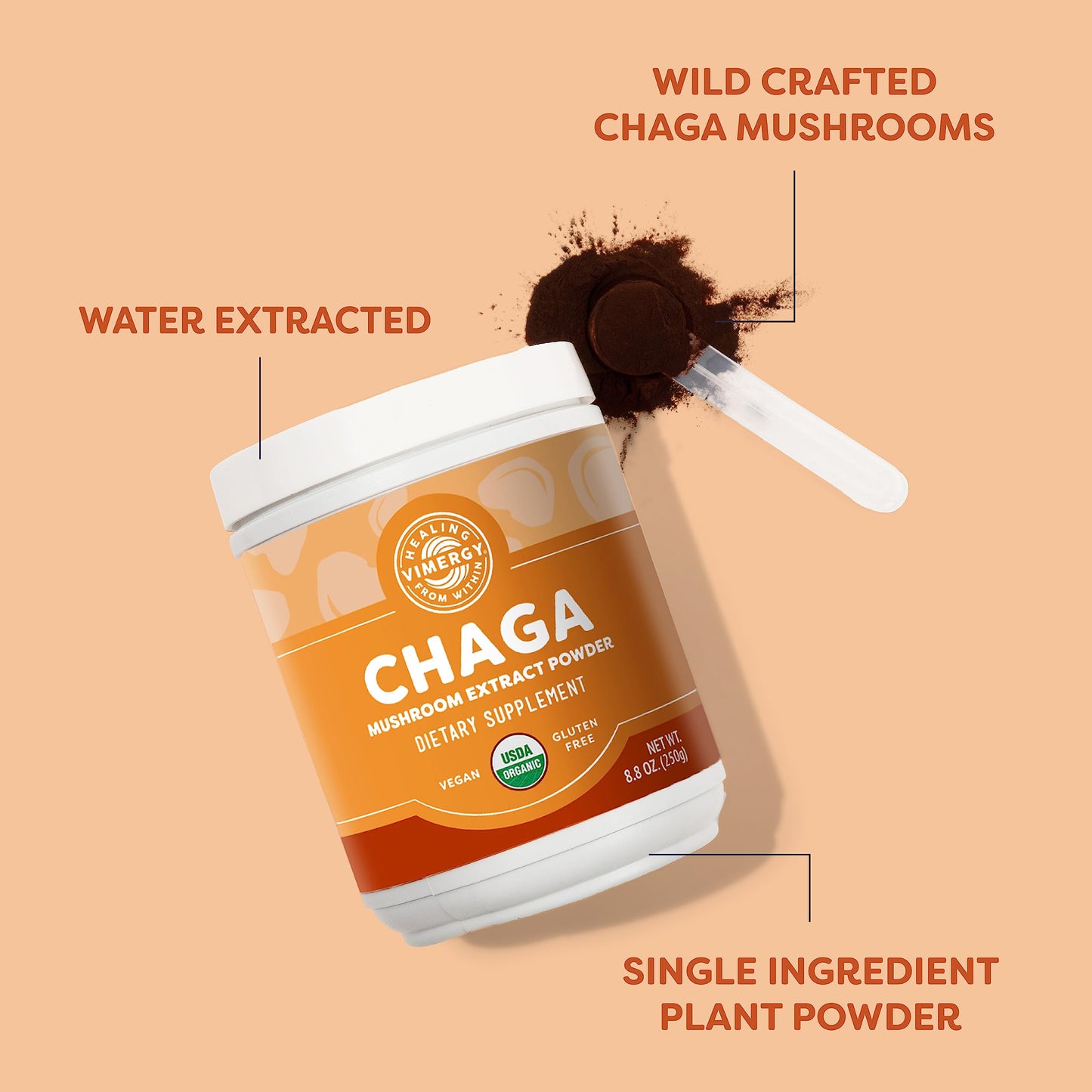 Vimergy USDA Organic Wild Chaga Mushroom Powder, 250g (166 Servings) — Cardiovascular Support, Kosher, Vegan, No Gluten