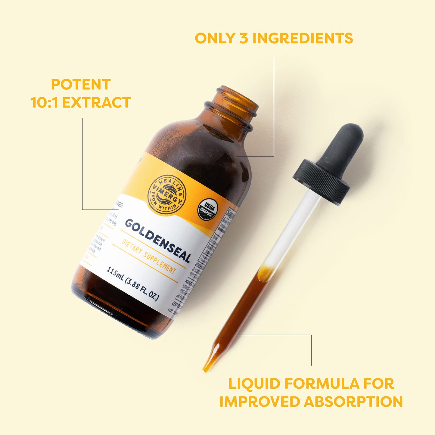 Vimergy USDA Organic Goldenseal Tincture – 115 mL, 57 Servings, Alcohol-Free