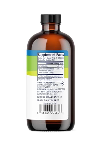 Vimergy USDA Organic Lemon Balm Tincture – Alcohol-Free, 240 mL