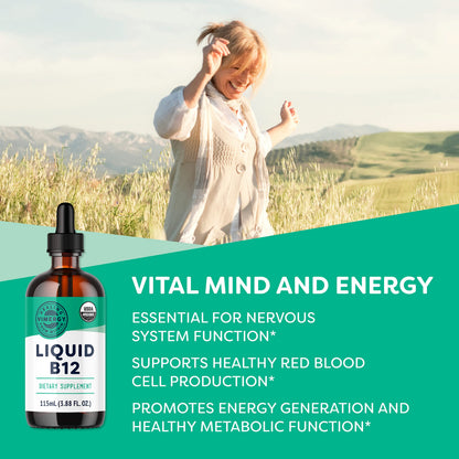 Vimergy Organic Liquid B12 2500 mcg – Vegan Methylcobalamin & Adenosylcobalamin, 115 Servings