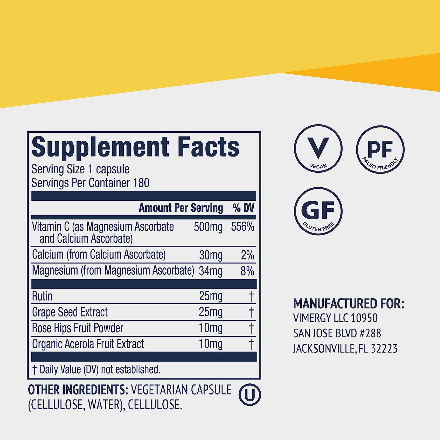 Vimergy Micro-C Vitamin C Capsules 500mg – Immune Support, Vegan & Kosher, 180 Capsules