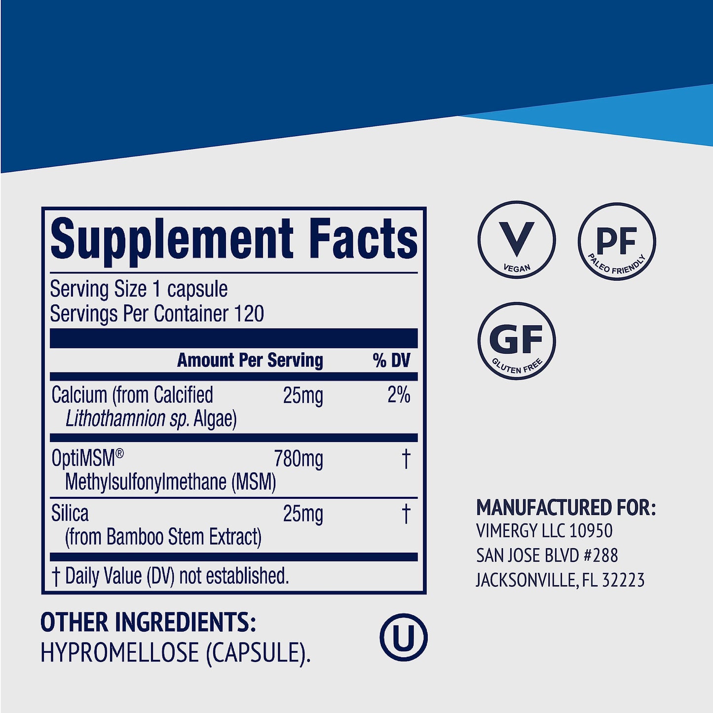 Vimergy MSM with Silica & Calcium Capsules – 120 Servings | Joint, Skin & Bone Support | Vegan & Gluten-Free