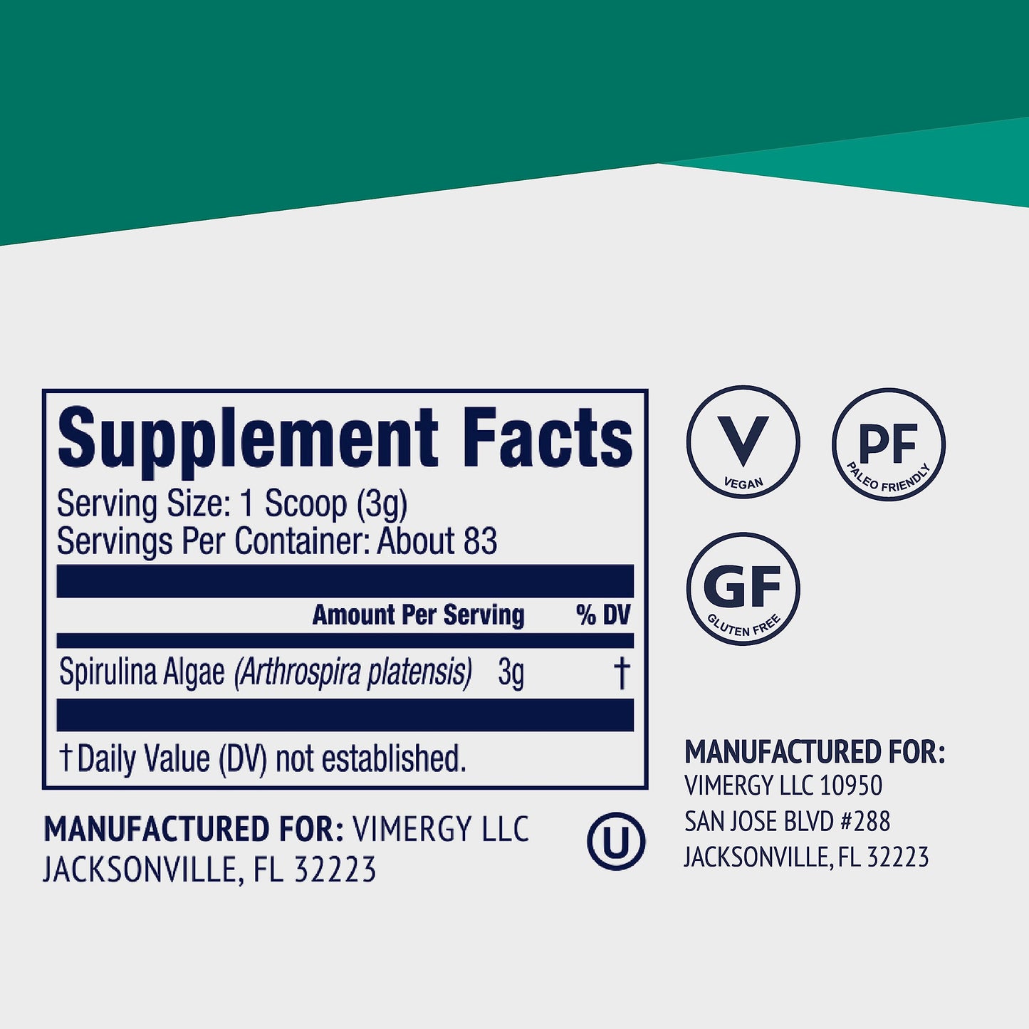 Vimergy Spirulina Powder – Concentrated Plant Protein for Immune & Cardiovascular Support – Vegan, Kosher, Gluten-Free – 250g