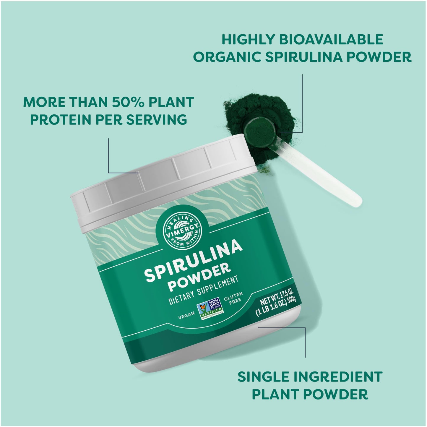 Vimergy Spirulina Powder 500g – 166 Servings | Plant Protein, Non-GMO, Gluten-Free, Vegan & Paleo