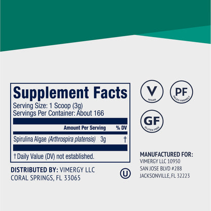 Vimergy Spirulina Powder 500g – 166 Servings | Plant Protein, Non-GMO, Gluten-Free, Vegan & Paleo