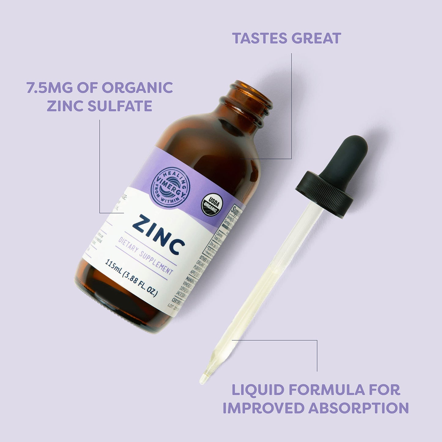 Vimergy Organic Zinc Drops – 7.5 mg Liquid Zinc for Immune Support