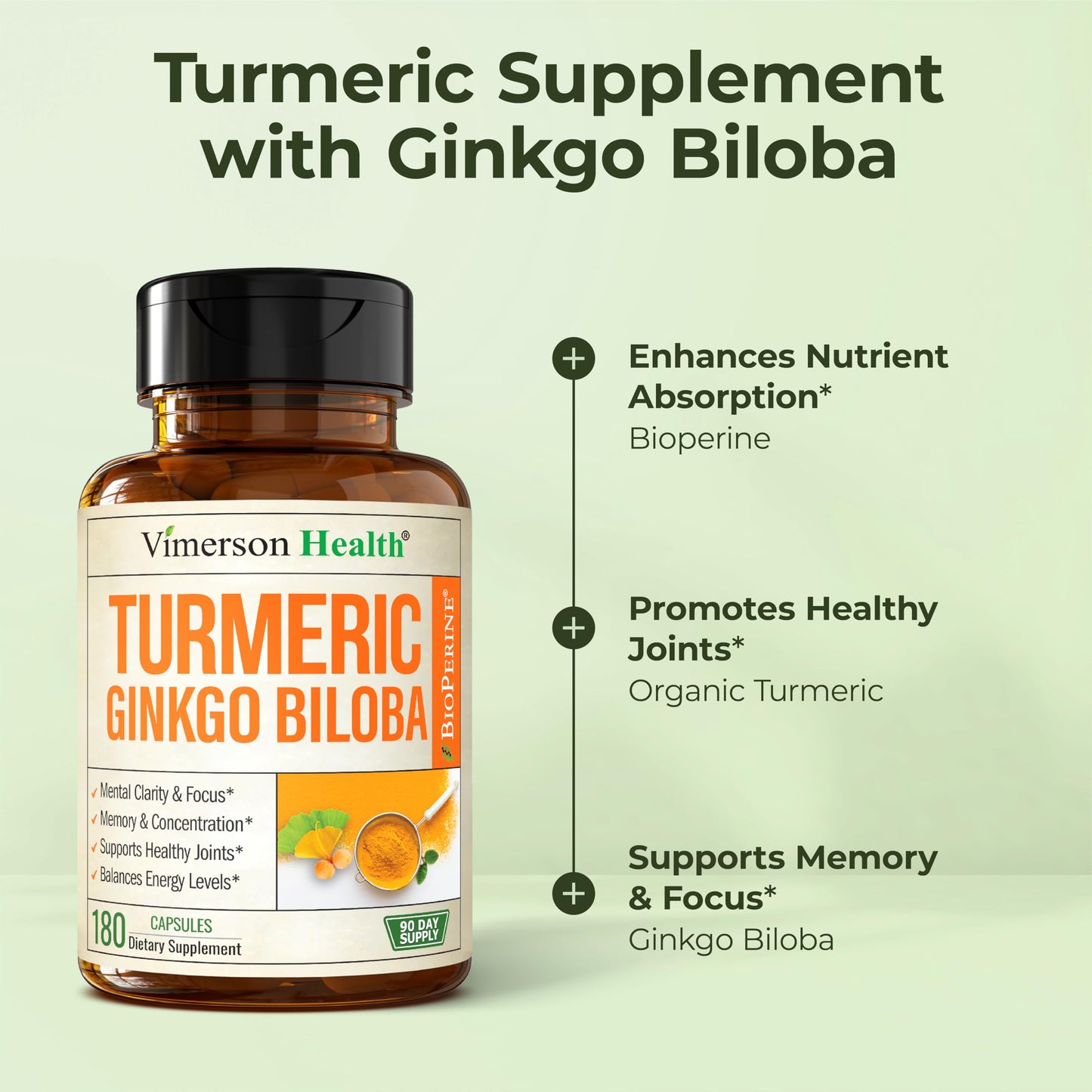 Vimerson Health Ginkgo Biloba & Turmeric Curcumin with Black Pepper – 180 Vegan Capsules