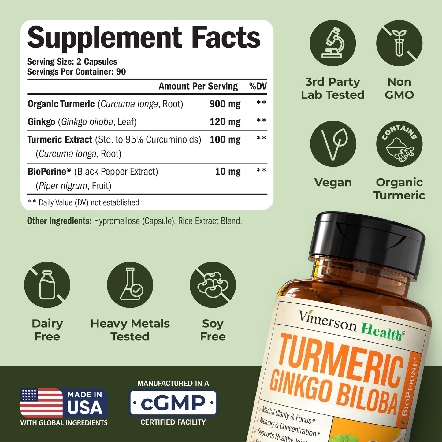Vimerson Health Ginkgo Biloba & Turmeric Curcumin with Black Pepper – 180 Vegan Capsules