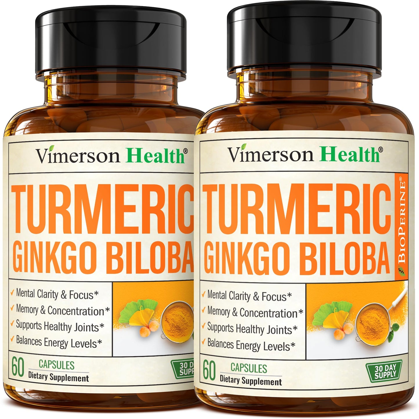 Vimerson Health Ginkgo Biloba & Turmeric Curcumin Supplement with Black Pepper – Focus, Memory & Joint Support – Vegan 2-Pack