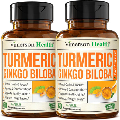 Vimerson Health Ginkgo Biloba & Turmeric Curcumin Supplement with Black Pepper – Focus, Memory & Joint Support – Vegan 2-Pack