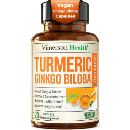 Ginkgo Biloba & Turmeric Curcumin Supplement with BioPerine – Vimerson Health | 120 Vegan Capsules