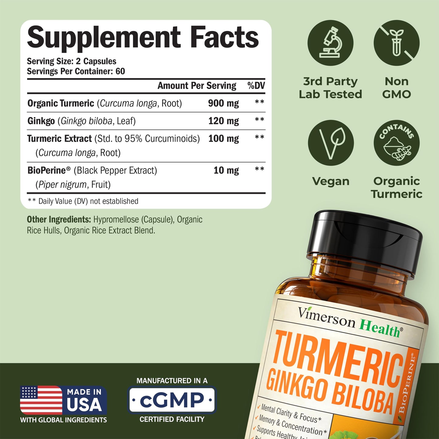 Ginkgo Biloba & Turmeric Curcumin Supplement with BioPerine – Vimerson Health | 120 Vegan Capsules