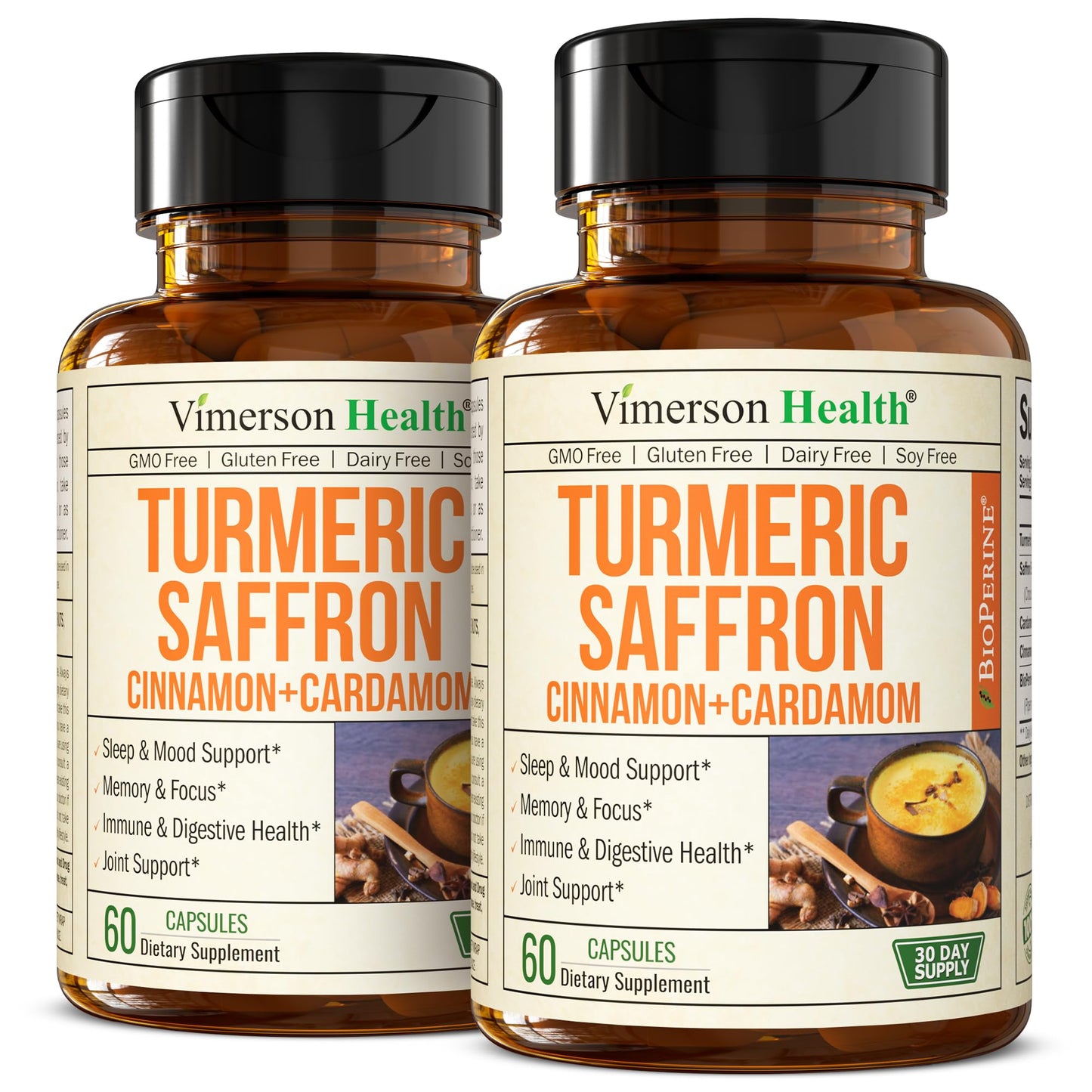 Vimerson Health Saffron Supplements (89 mg) – Turmeric Curcumin with Cinnamon, Cardamom, Eye Health & Mood – 2 Pack