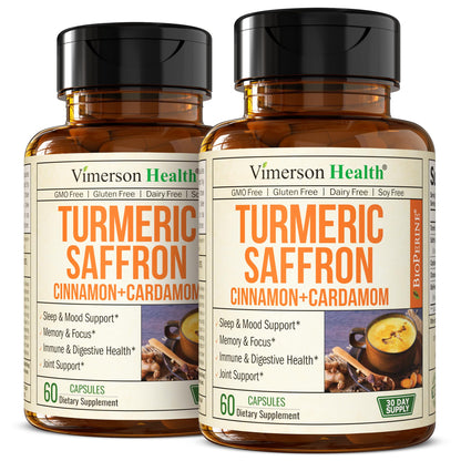 Vimerson Health Saffron Supplements (89 mg) – Turmeric Curcumin with Cinnamon, Cardamom, Eye Health & Mood – 2 Pack