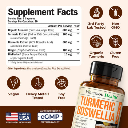 Vimerson Health Turmeric Curcumin with Boswellia Serrata & Ginger – 95% Curcuminoids, BioPerine, 2-Pack