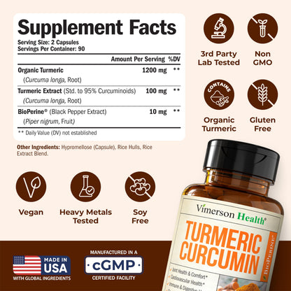 Vimerson Health Turmeric Curcumin 1200mg with Black Pepper - Joint & Digestive Support, 180 Vegan Capsules