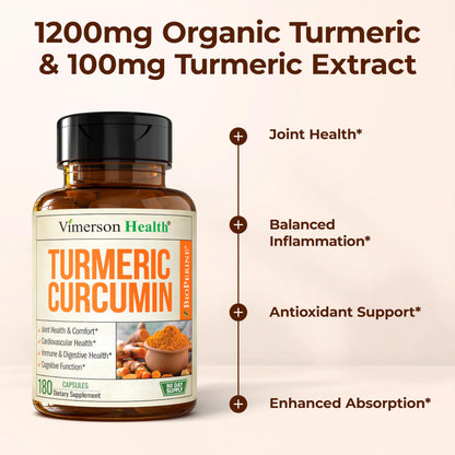 Vimerson Health Turmeric Curcumin 1200mg with Black Pepper - Joint & Digestive Support, 180 Vegan Capsules