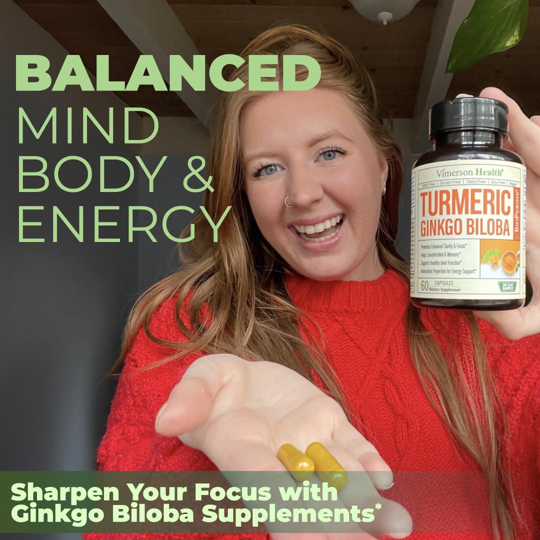 Ginkgo Biloba & Turmeric Curcumin Supplement with BioPerine – Vimerson Health | 120 Vegan Capsules