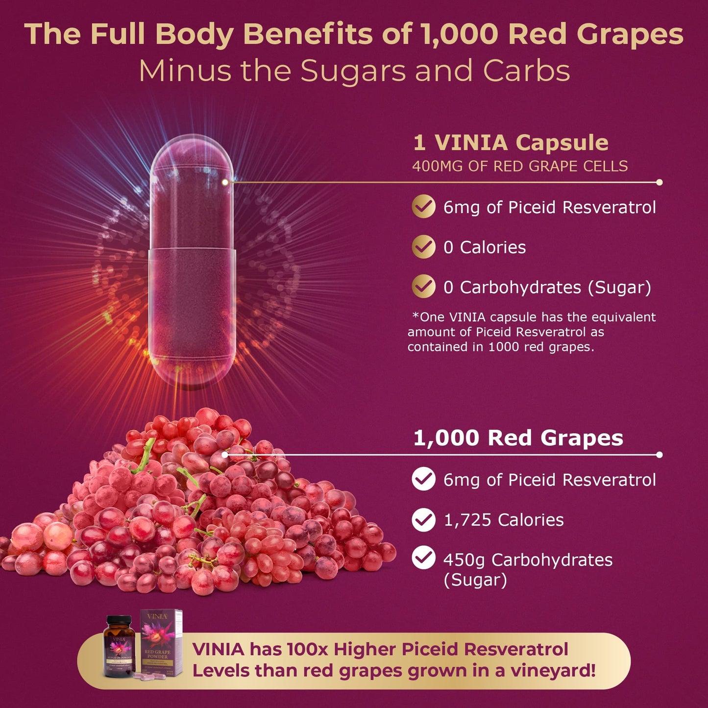 VINIA Piceid Resveratrol Supplement | Supports Blood Flow, Nitric Oxide, and Heart Health - Non-GMO, 60 Count