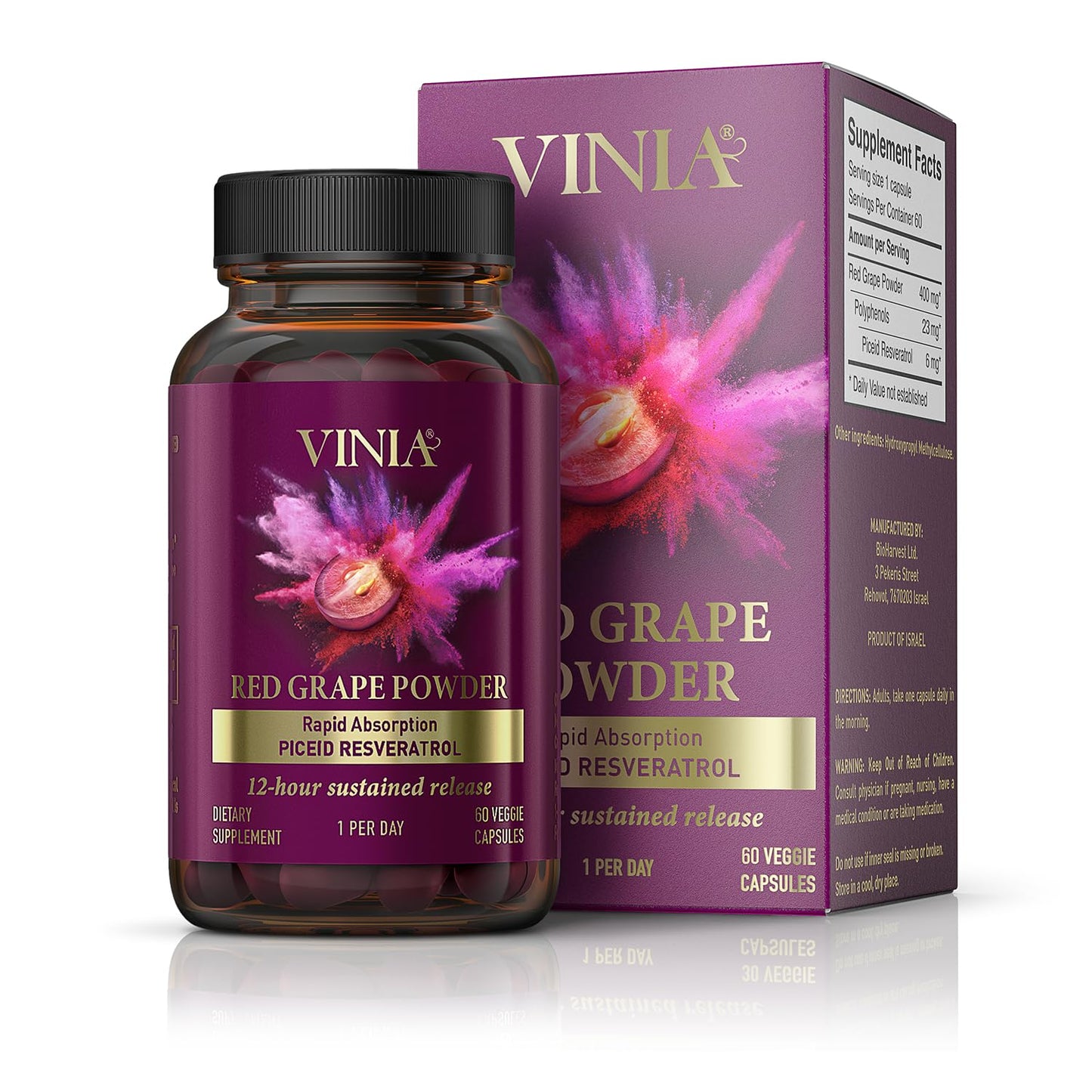 VINIA Piceid Resveratrol Supplement | Supports Blood Flow, Nitric Oxide, and Heart Health - Non-GMO, 60 Count
