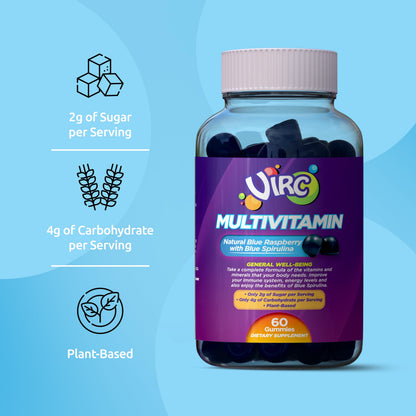 VIRC Blue Raspberry Multivitamin Gummies – Plant-Based, Low-Sugar Vegan Dietary Supplement (60 Gummies)