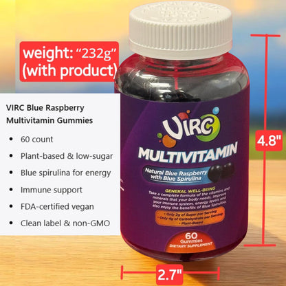 VIRC Blue Raspberry Multivitamin Gummies – Plant-Based, Low-Sugar Vegan Dietary Supplement (60 Gummies)