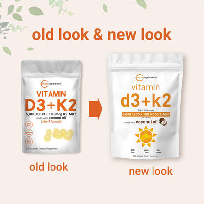 Vitamin D3 5000 IU + K2 MK-7 100 mcg – 300 Softgels, Virgin Coconut Oil