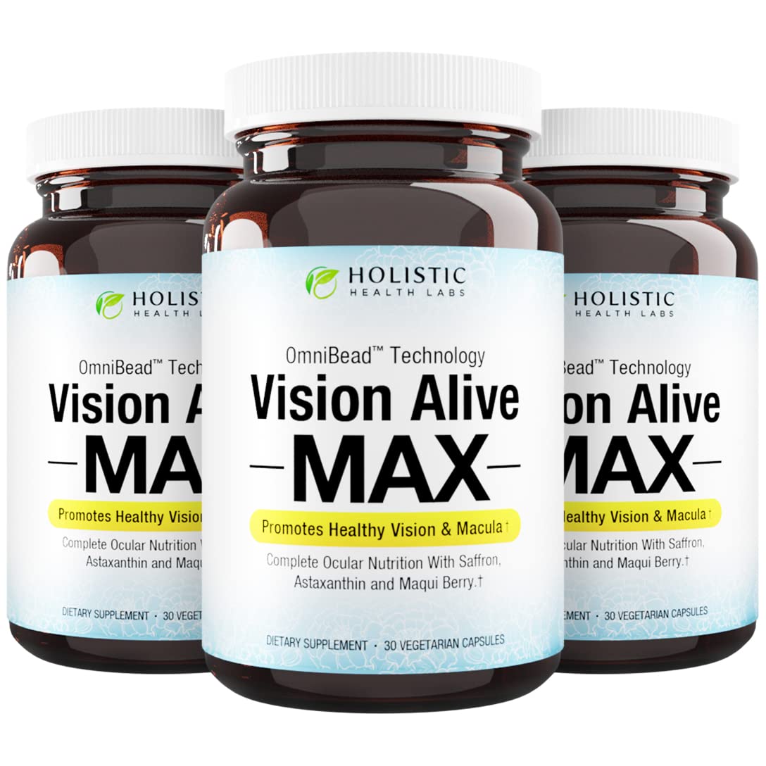 Holistic Health Labs Vision Alive Max – 8 Natural Eye Health Ingredients (Lutemax 2020, Bilberries, Blueberries, C3G from Black Currant, Maqui Berry, Saffron, Astaxanthin) – Pack of 3
