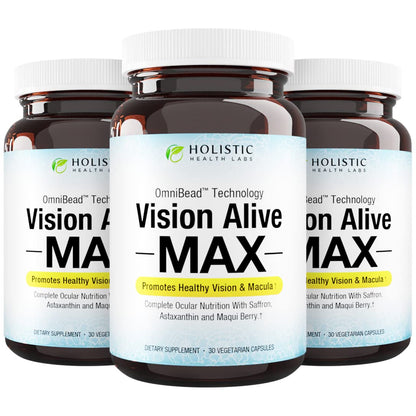 Holistic Health Labs Vision Alive Max – 8 Natural Eye Health Ingredients (Lutemax 2020, Bilberries, Blueberries, C3G from Black Currant, Maqui Berry, Saffron, Astaxanthin) – Pack of 3