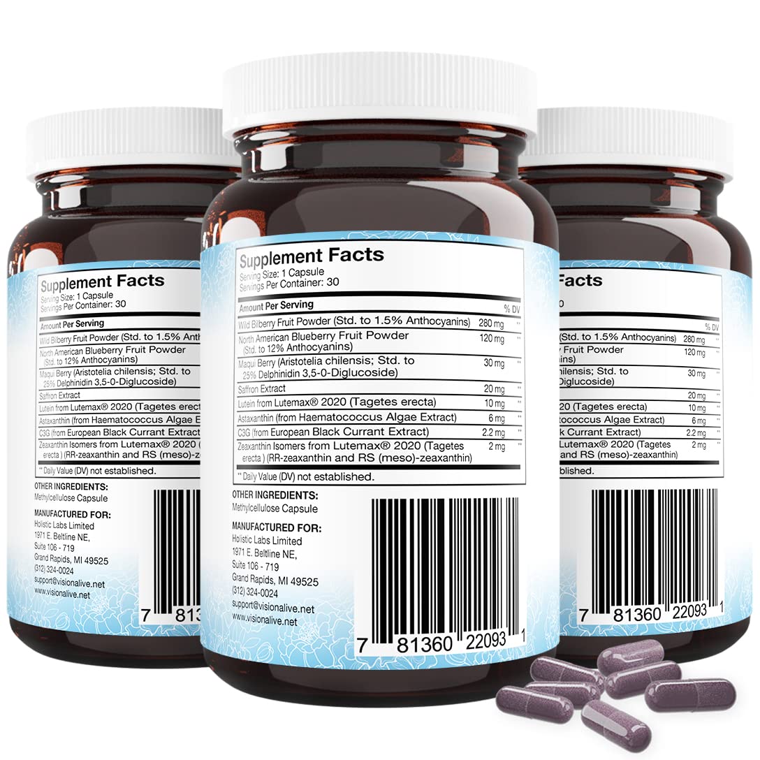 Holistic Health Labs Vision Alive Max – 8 Natural Eye Health Ingredients (Lutemax 2020, Bilberries, Blueberries, C3G from Black Currant, Maqui Berry, Saffron, Astaxanthin) – Pack of 3