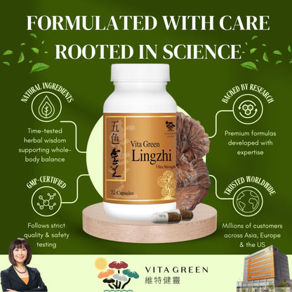 Vita Green Lingzhi Mushroom Capsules – Pure Reishi with Natural Antioxidants for Wellness, Energy & Immune Support – 72 Capsules