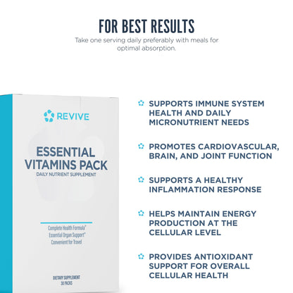 Revive MD Essential Vitamin Packs for Men & Women – Daily Multivitamin Packets with Arjuna & Turmeric Extract (30 Servings) – Travel-Friendly