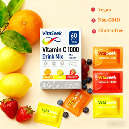 VitaSeek 1000mg Vitamin C Powder + Zinc – Immune Support, 60 Count (2-Month Supply), Variety Flavor