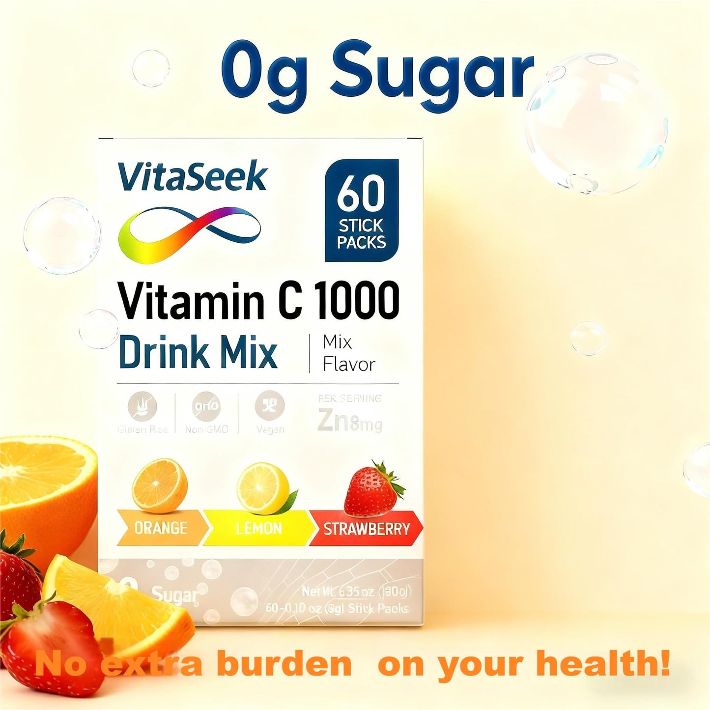VitaSeek 1000mg Vitamin C Powder + Zinc – Immune Support, 60 Count (2-Month Supply), Variety Flavor