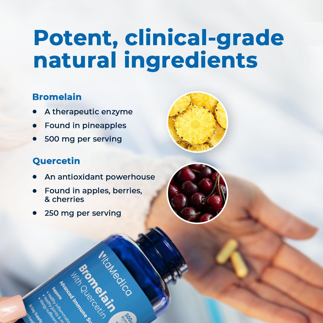 VitaMedica Bromelain & Quercetin Supplement – 500mg Bromelain / 250mg Quercetin, 2400 GDU, 60 Vegan Capsules (30 Servings)