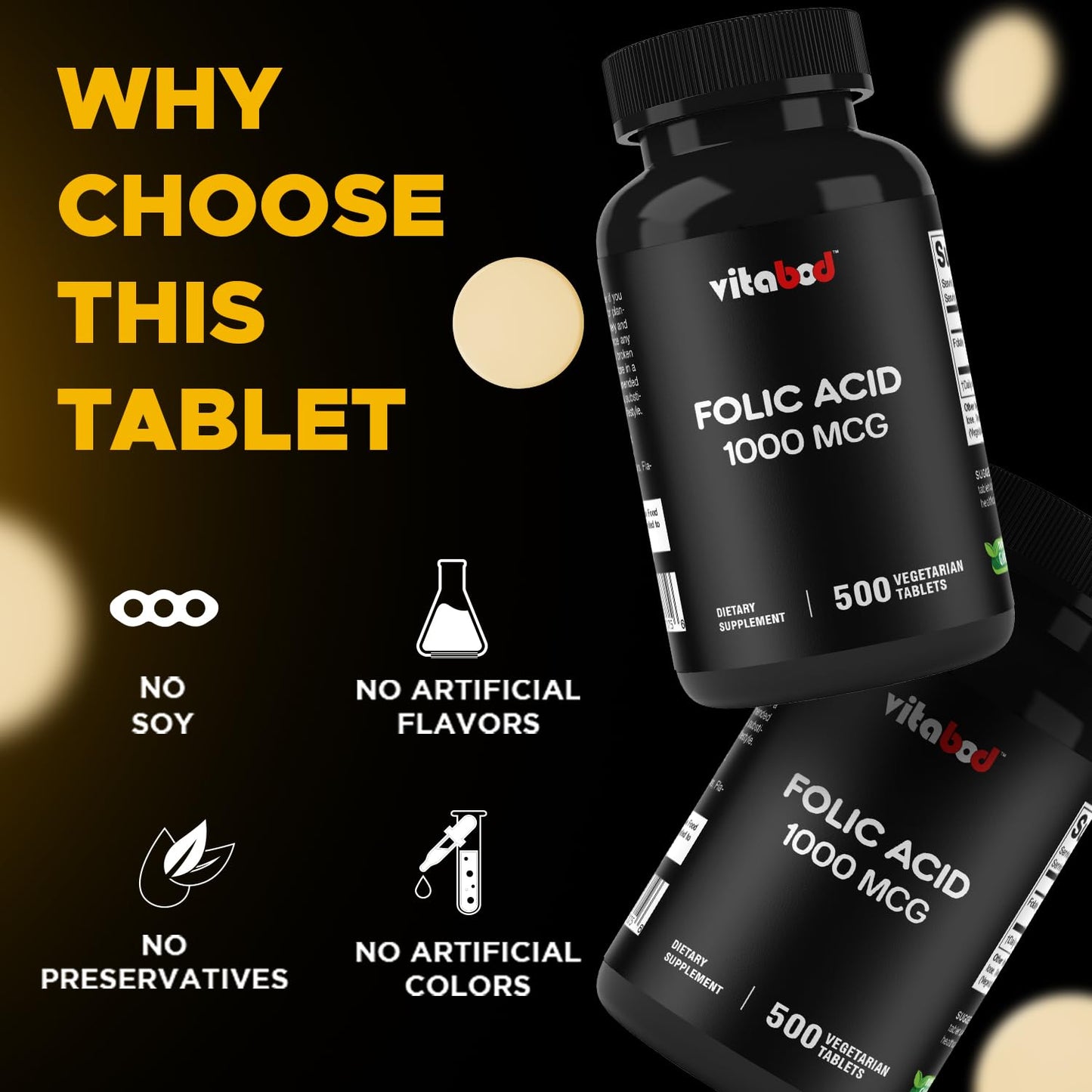 Vitabod Folic Acid 1 mg (1000 mcg) – 500 Vegetarian Tablets | Prenatal & Postnatal Vitamin
