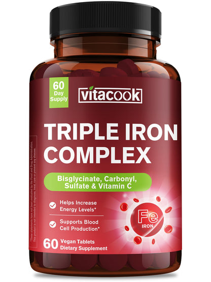 Vitacook Iron Supplement 65mg – 3-in-1 Bisglycinate, Sulfate & Carbonyl Iron with Vitamin C, 60 Tablets