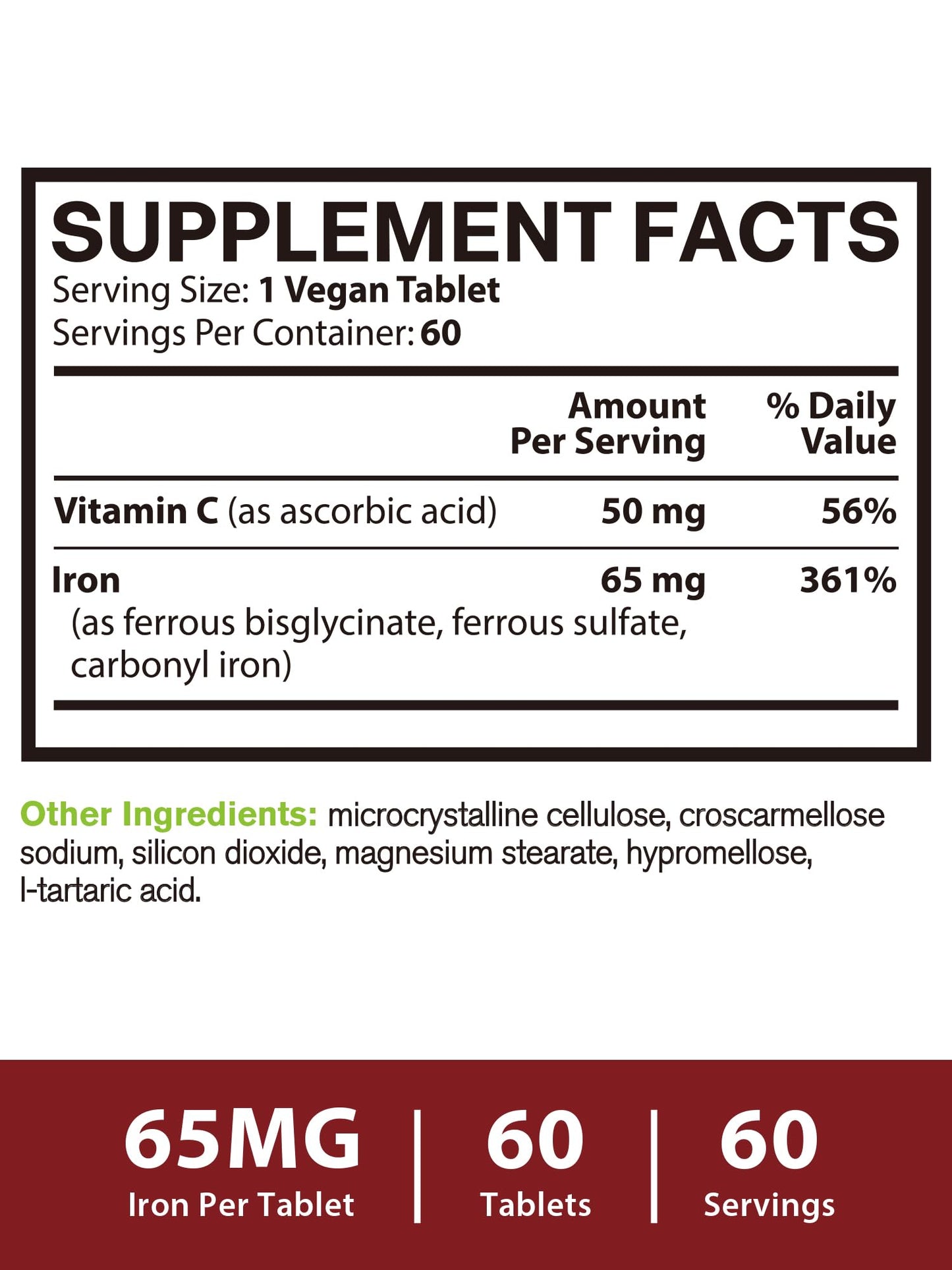 Vitacook Iron Supplement 65mg – 3-in-1 Bisglycinate, Sulfate & Carbonyl Iron with Vitamin C, 60 Tablets
