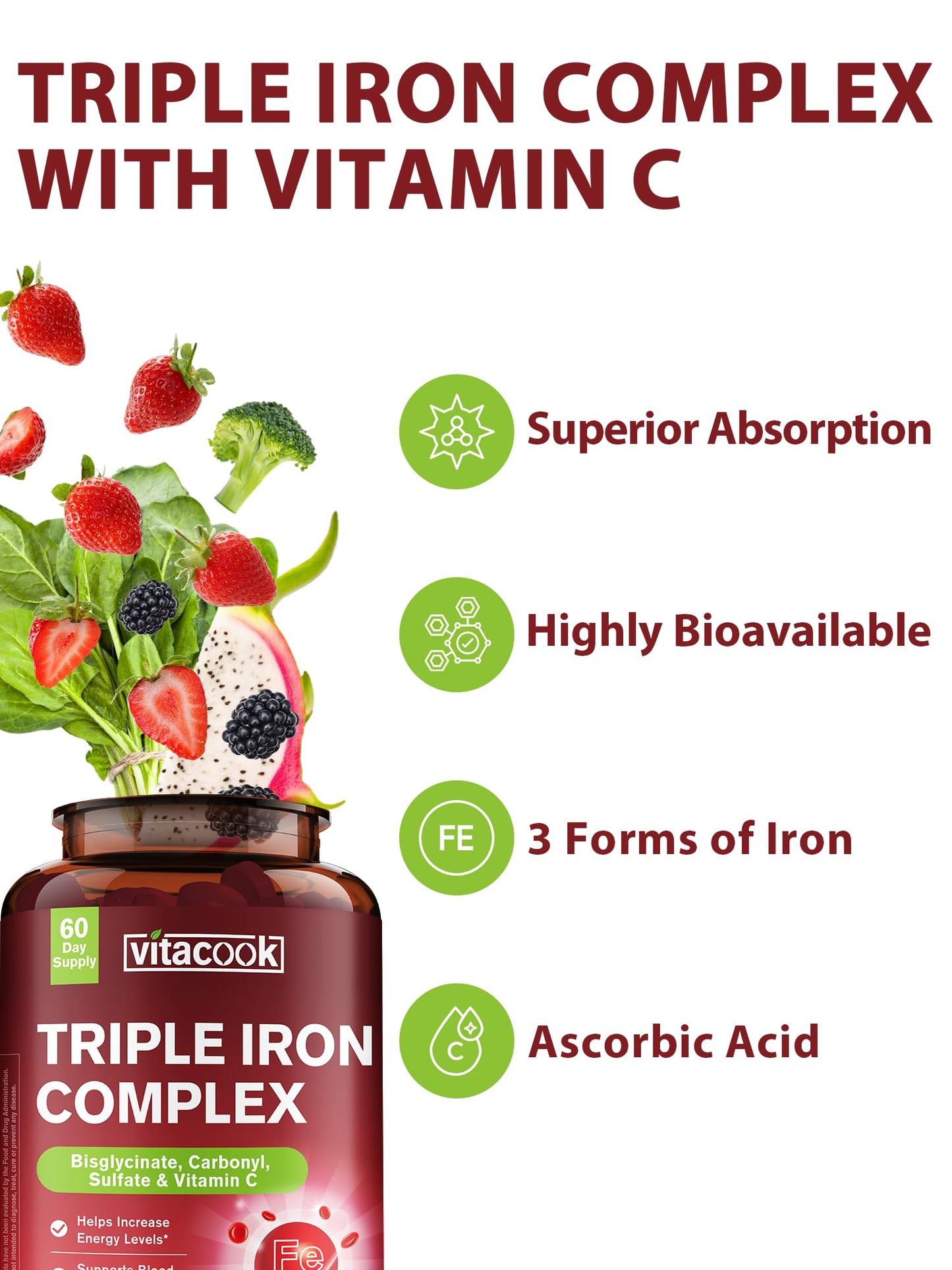 Vitacook Iron Supplement 65mg – 3-in-1 Bisglycinate, Sulfate & Carbonyl Iron with Vitamin C, 60 Tablets