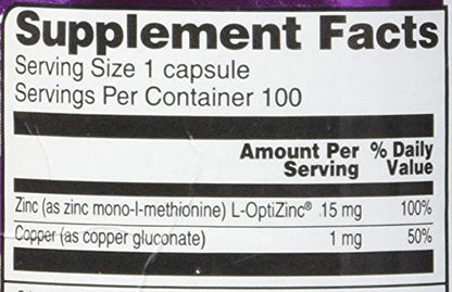 Vitacost Zinc & Copper 15 mg / 1 mg - 100 Capsules | Zinc Copper Supplement with L-OptiZinc
