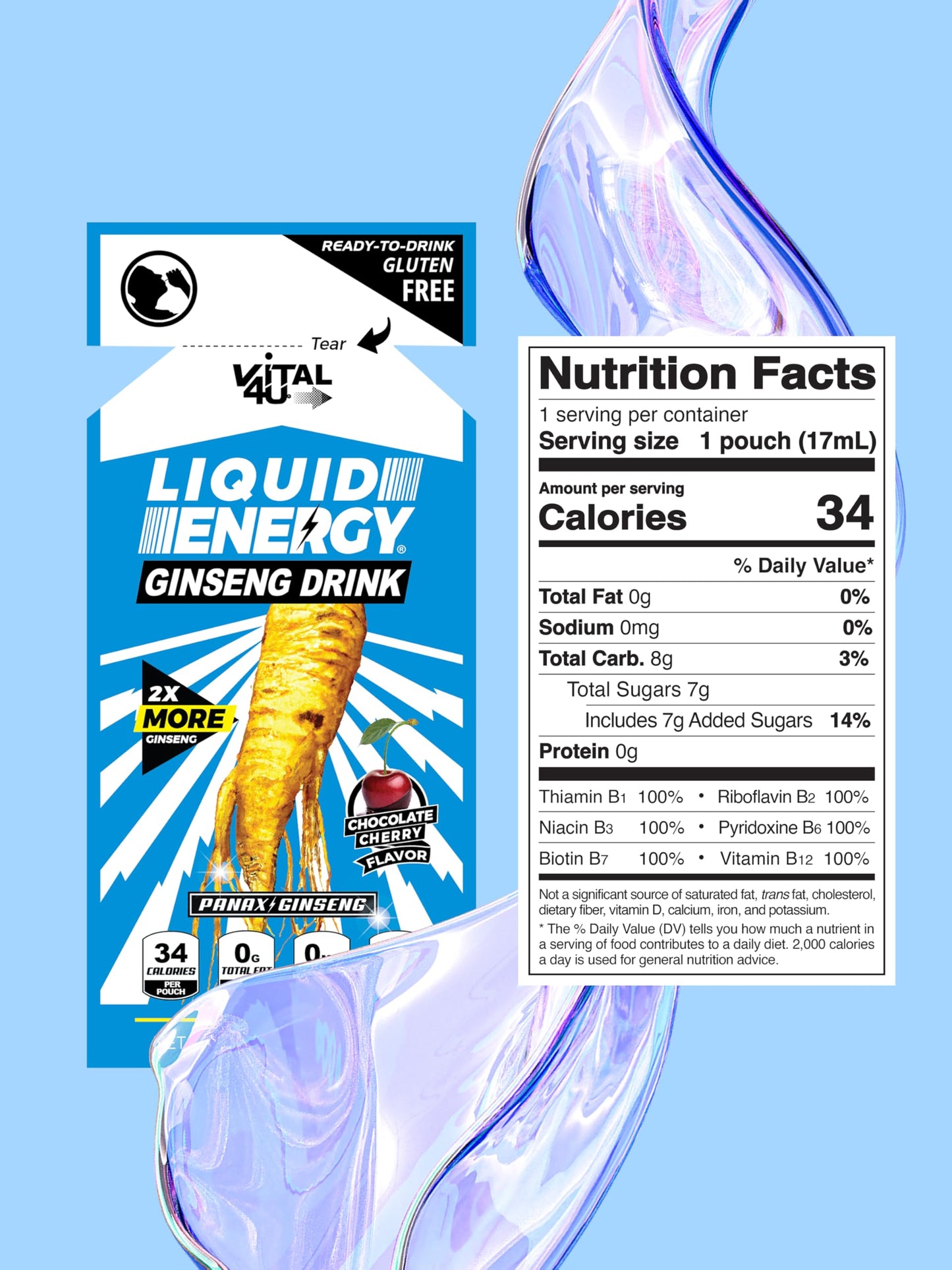 VITAL 4U® Liquid Energy Shot - Ginseng, Naturally Sweetened, Chocolate Cherry Flavor, 24 ct