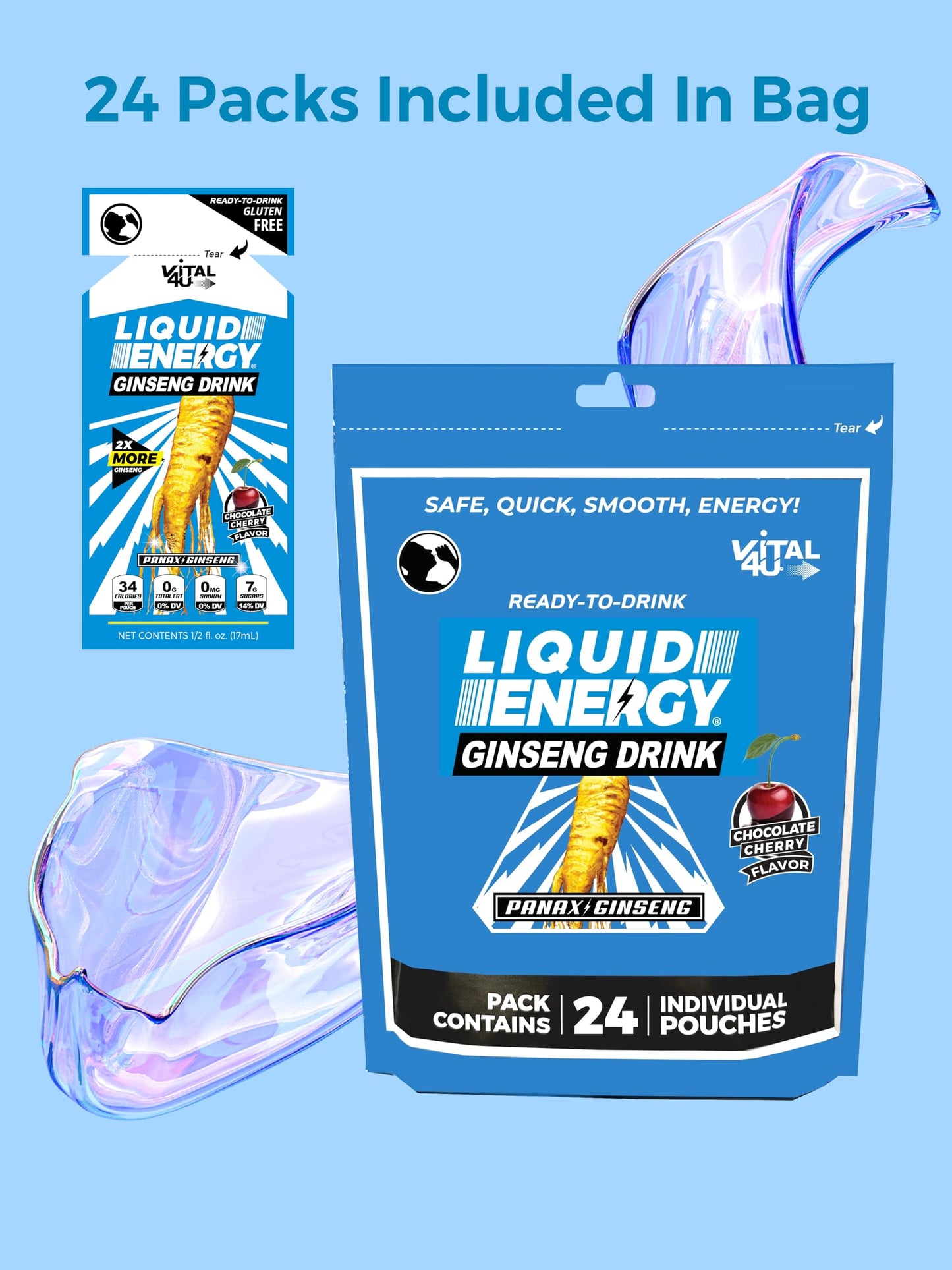 VITAL 4U® Liquid Energy Shot - Ginseng, Naturally Sweetened, Chocolate Cherry Flavor, 24 ct
